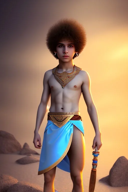 beautiful 12 year old arabic boy with curly hair and light blue eyes dressed in loincloth