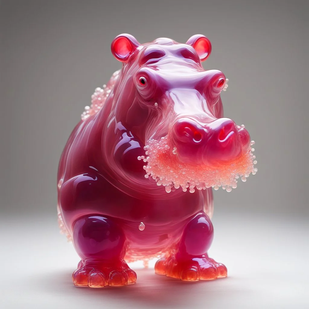 Jelly sculpture of an jolly anthropomorphic hippopotamus made of jelly, minimal, jelly art, hyperrealistic,