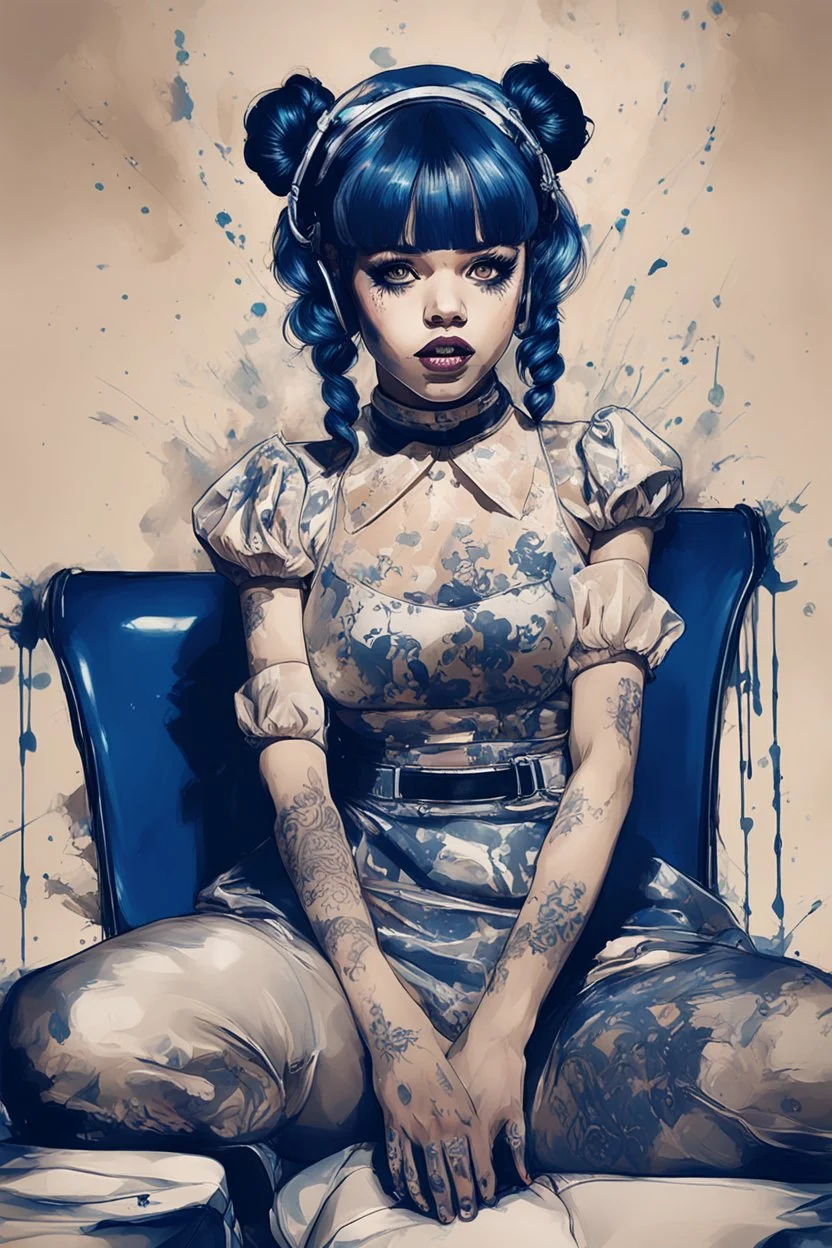 Poster in two gradually, a one side the Singer Melanie Martinez face, full body, sit pose, painting by Yoji Shinkawa, darkblue and sepia tones,sinister, detailed iridescent, metallic, translucent, dramatic lighting, hyper futuristic, digital art, shot with Sony Alpha a9 Il and Sony FE 200-600mm f/5.6-6.3 G OSS lens, natural light, hyper realistic photograph, ultra detailed -ar 3:2 -q 2 -s 750,malevolent goth vampire girl face and other side