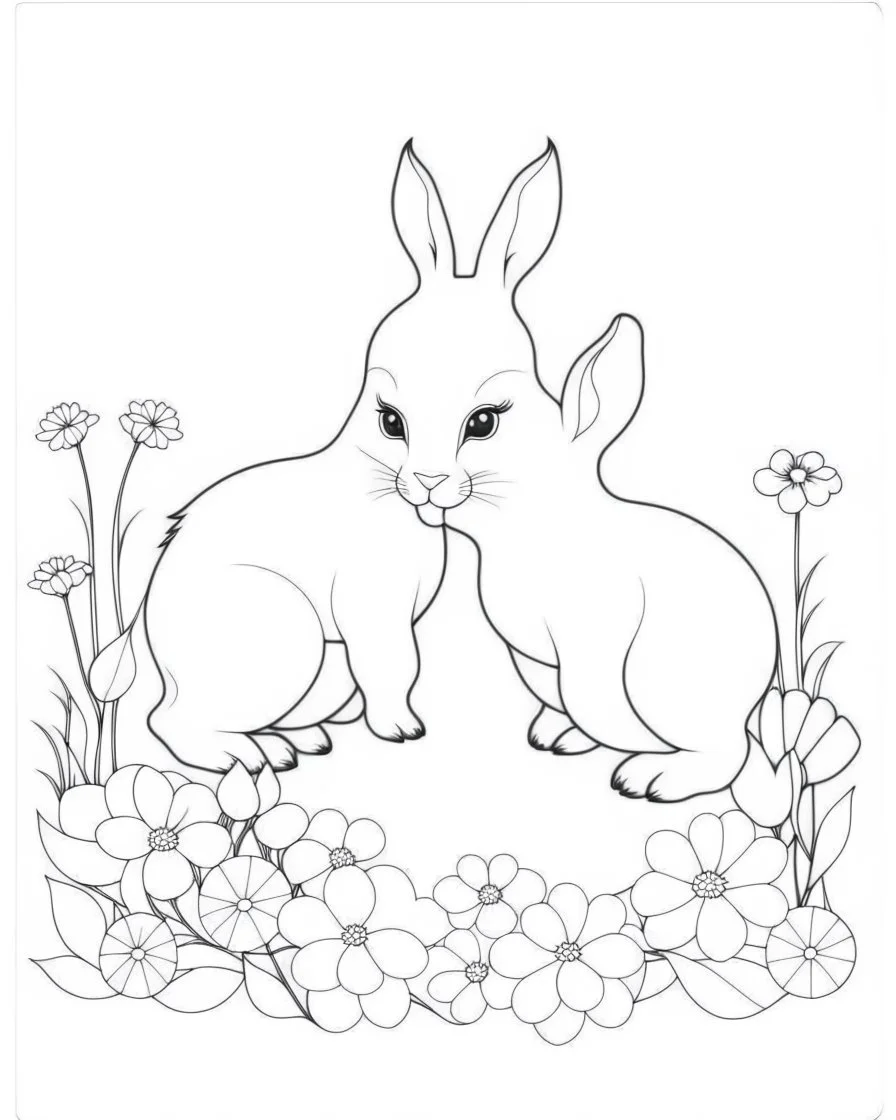 Coloring page: Sweet baby rabbits frolicking in a meadow filled with daisies and tulips.