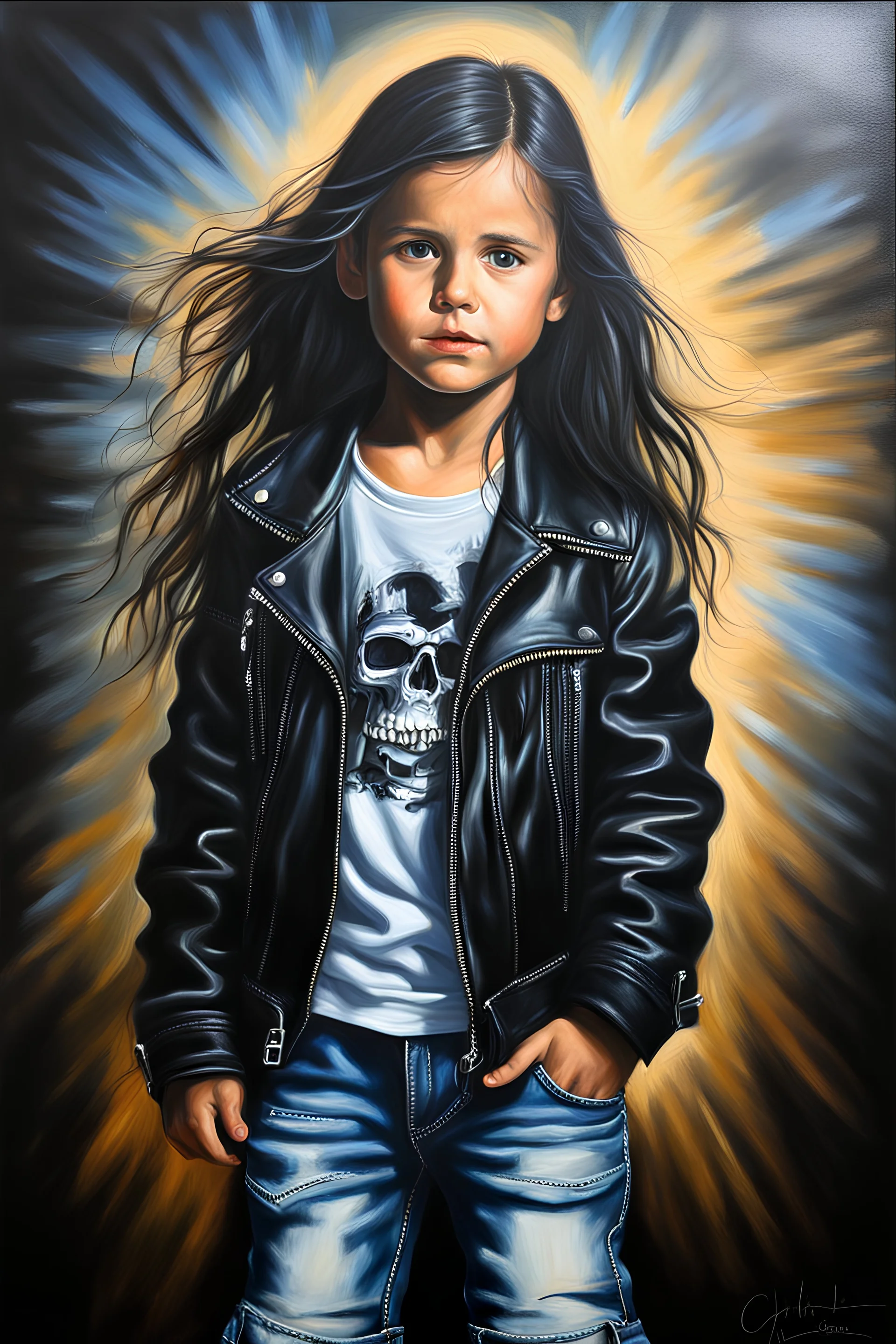 Famous actors as Children - facial Portrait - oil on canvas, chiaroscuro, deep shadows, fairytale, 20th century masterpiece, rich deep colors, highly detailed portrait, Demi Moore wearing a black leather biker's jacket, a black "Iron Maiden" T-shirt, Blue Jeans, black Converse sneakers,