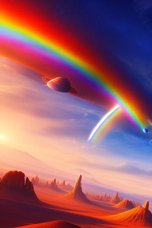 Ufo rainbow, intergalactique, trés belles couleurs, cosmic, colours, planet, gold, realistic, beau paysage futuriste, vaisseau extra terrestre