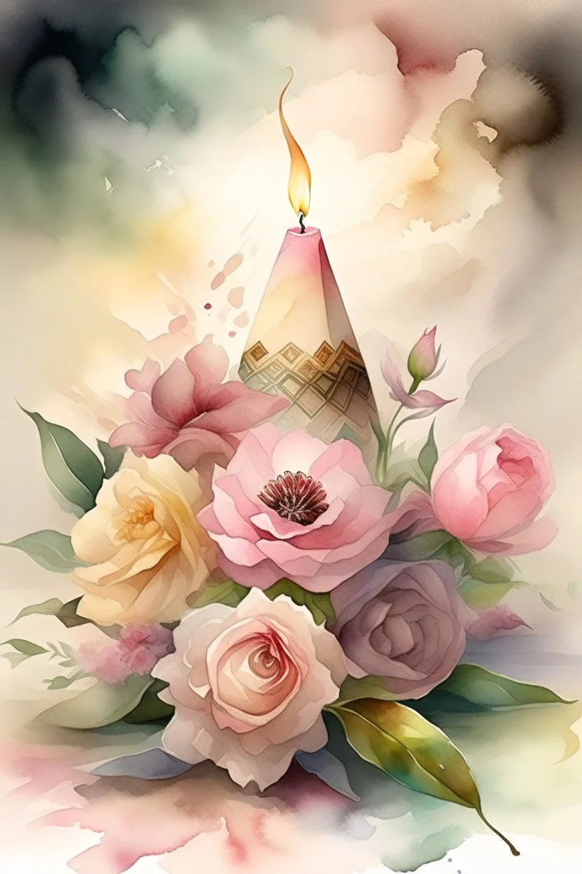 MAGIC A PYRAMID CANDLE IS BURNING AROUND WONDERFUL FLOWERS English watercolor, Smoky cream, pale gray, pale pink, pink background. bright light, a bouquet of roses on the table are pale pink, pale bordeaux, white, ochre. green stems, the light is translucent. Watercolor, fine ink drawing, peonies in an hourglass, elegant gold inlay, rich interior