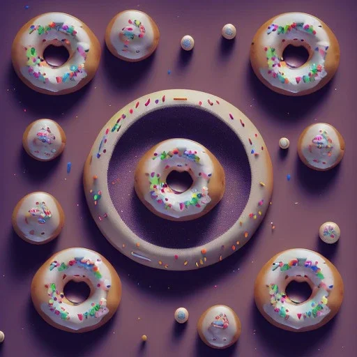 100mm photo of isometric floating round donuts in the sky, surreal donut with sprinkles , intricate, high detail, behance, microworlds smooth, macro sharp focus, centered