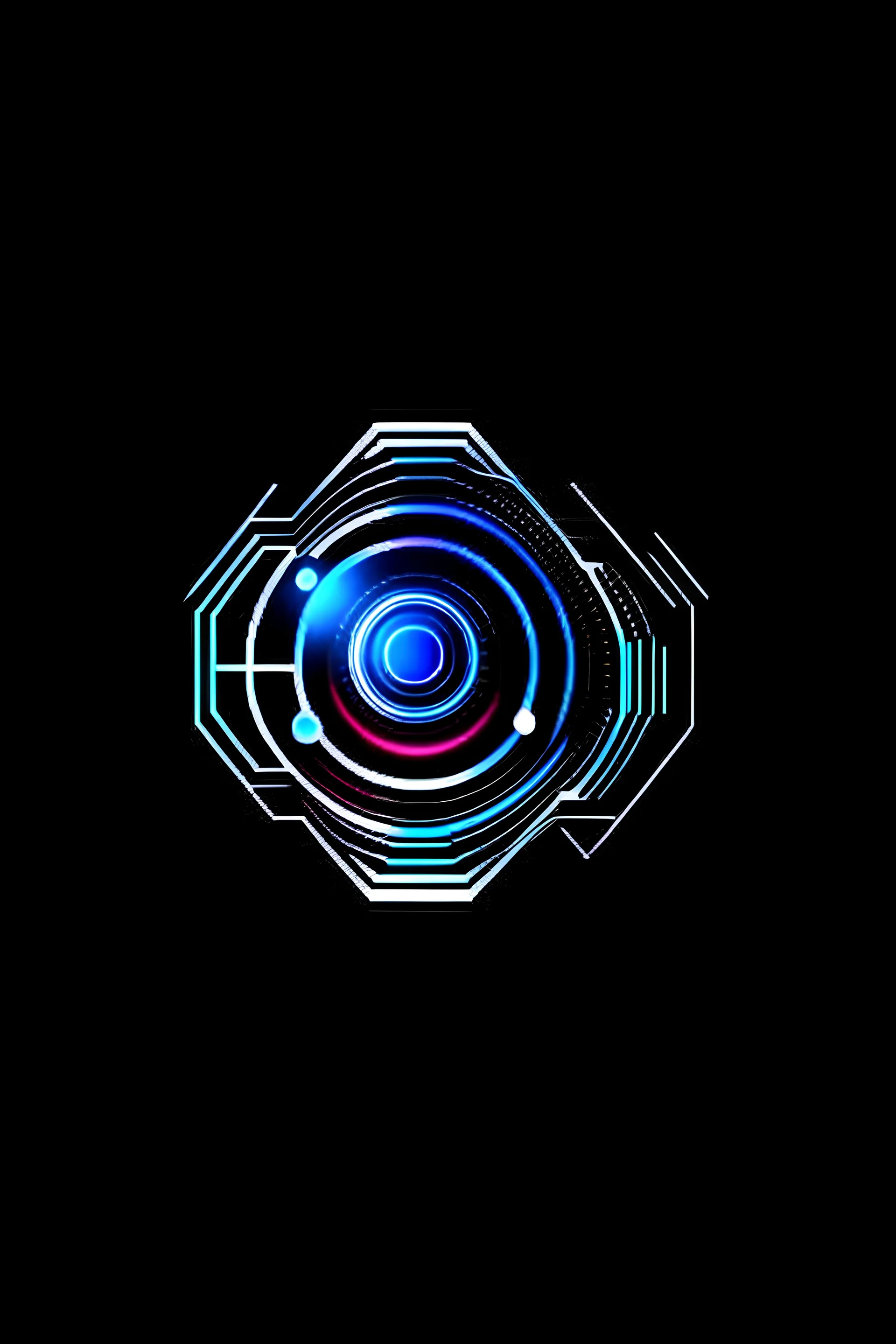 logo, line art, electronics, technology, fluorescent, black background.