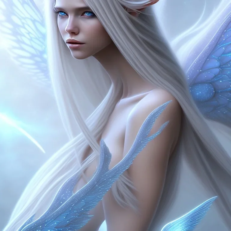  beautiful, soft, smiling, blue atmosphere, long straight blond hair, big fairies wings in the back