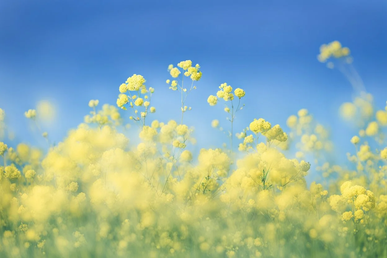 clear blue sky for top half, the rest is green canola plants with yellow flowers