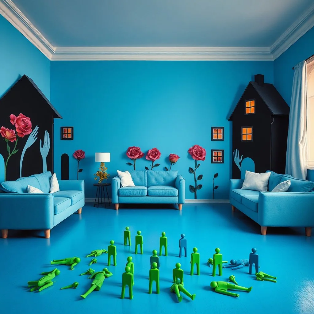 Fotografia di salotto blu aperto weirdcore dai colori vivaci. Le case sono dipinte di nero chiaro con g stilizzate e dettagli come mani. Ci sono rose con finestrelle quadrate, che danno un senso distopico e molto surreale. Sul pavimento alcune personcine verdi e altre blu, disposte in modo casuale. L'atmosfera generale sembra noiosa e onirica, con un contrasto tra elementi reali ed elementi dipinti