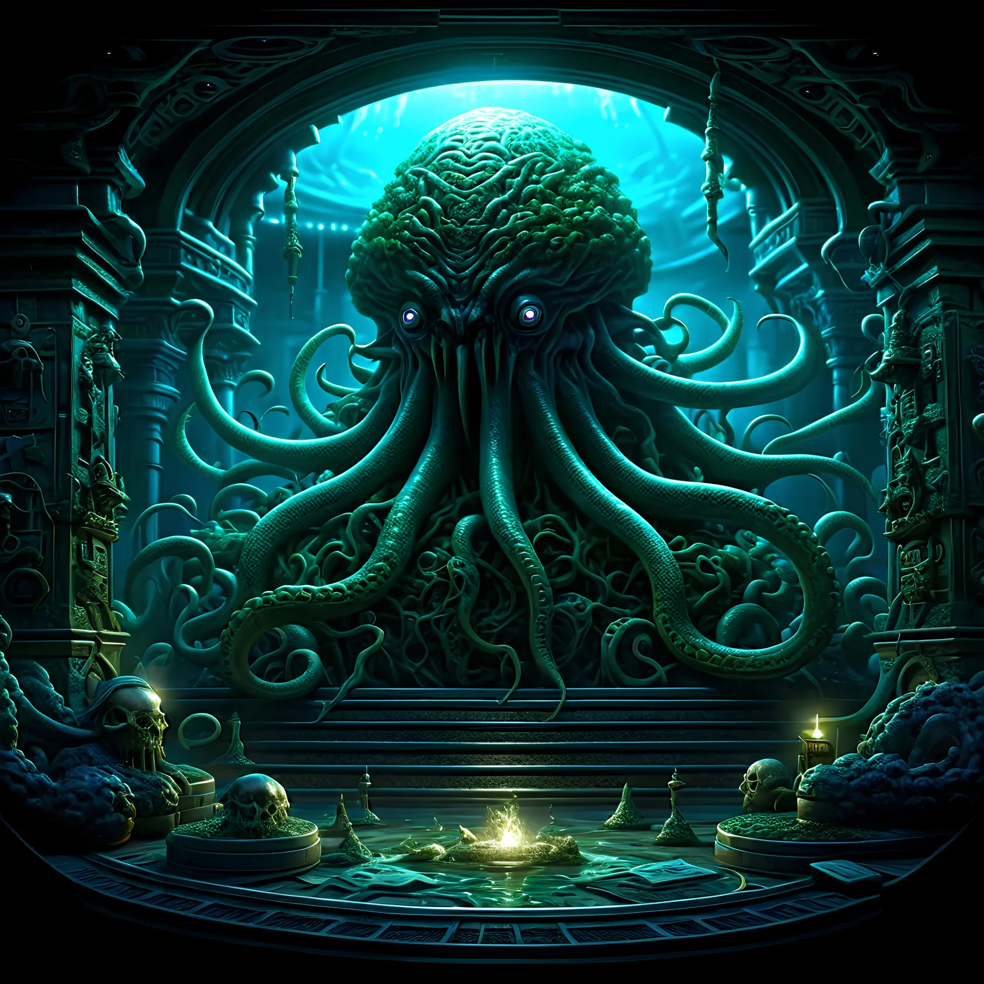 Ph'nglui mglw'nafh Cthulhu R'lyeh wgah'nagl fhtagn :: 8k resolution Lovecraft theme art, dynamic lighting, hyperdetailed, intricately detailed, deep dark color, Unreal Engine 5, volumetric lighting, airbrush art, pencil sketch, maximalist