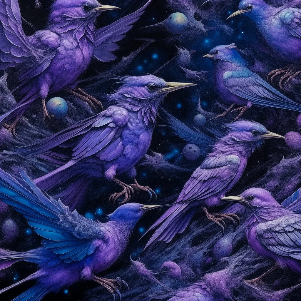 A violet outer space with alien birds painted by Lucas van Leyden