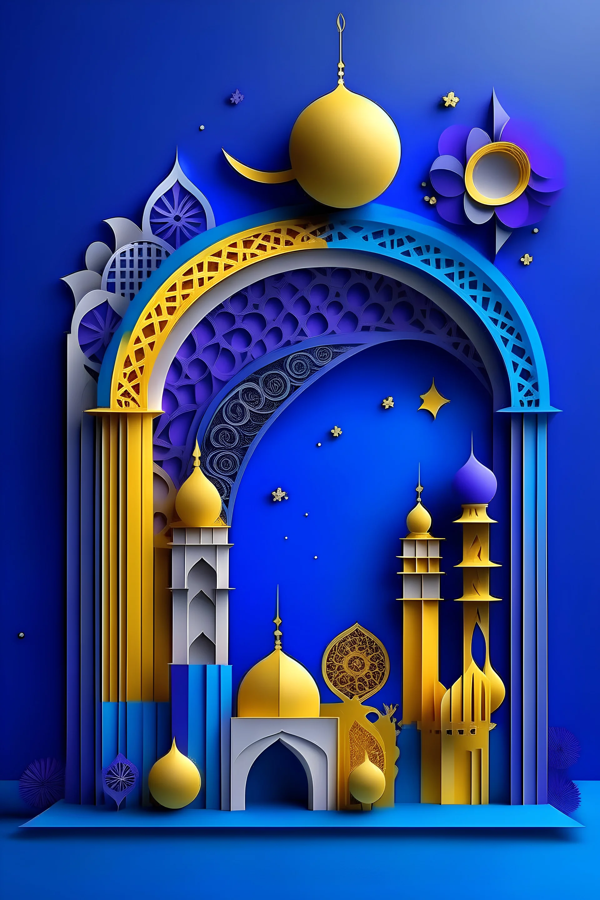 Create a 3D ramadan theme poster in purple, blue and yelow scheme with many islamic decorations on the edge of poster and a crescent on the top. Make sure the middle of the poster is blank