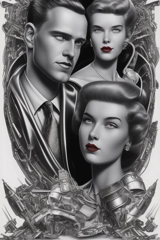 american dream portrait hansome man and a robot wife1950s