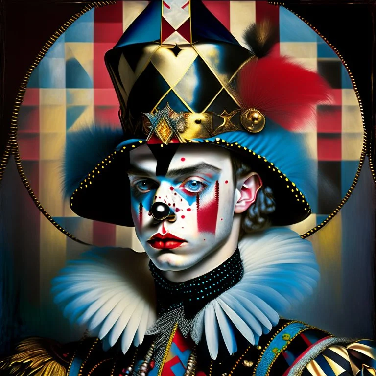 #Leonardo photorealistic ,pop surreal , lowbrow art ,enchanting portrait of a young cute Harlequin with a multi pointed medieval court jesters hat with bells and feathers , Black , gold , powder blue , coral pink , sweet , magical , cosy warm light , whimsical, alluring , dazzling ,, expressive , , metafictional , deconstructed tailoring , iconic album cover , pop culture