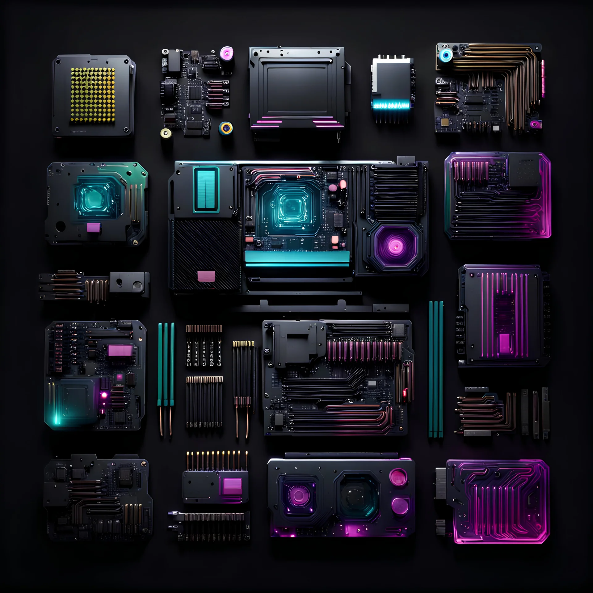 computer components, cyberpunk style, black background