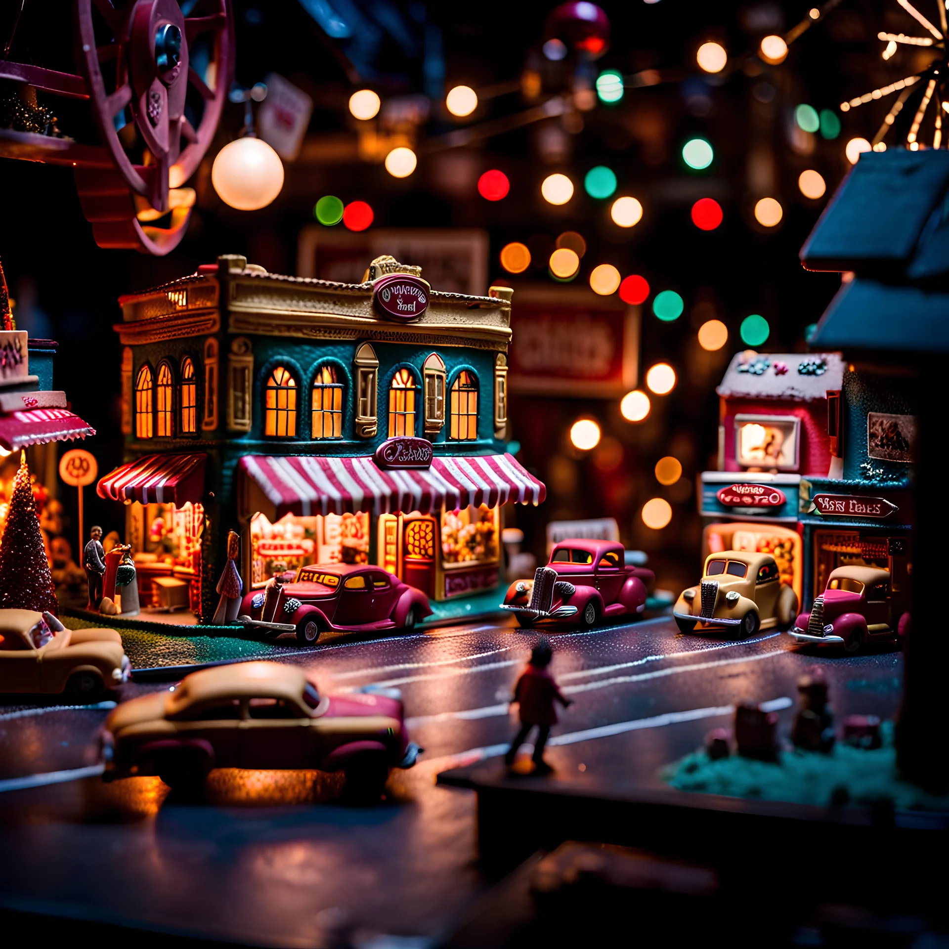 Close-up photograph of a diorama building, city, store, advertising, land-of-toys with detailed vintage toys made of cake-frosting and felt, strong texture, extreme detailed, movie shot, rich moody colors, sparkles, night, nightmare