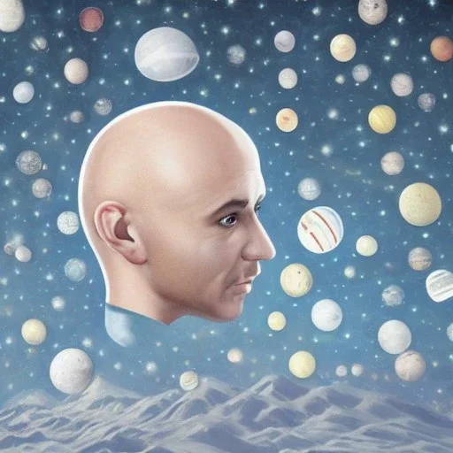 a bald head floating in space, surrounded by white orbs