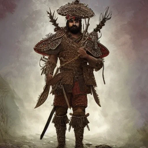 Insanely detailed photograph of an “ a mustachioed Spanish warrior ” with intricately detailed Sombrero, intricate armored charo,cigar,crossbow in hand, hyperdetailed painting by Ismail Inceoglu Huang Guangjian and Dan Witz CGSociety ZBrush Central fantasy art album cover art,8K, hdr, mysterious, flickeringlights ,Stoic