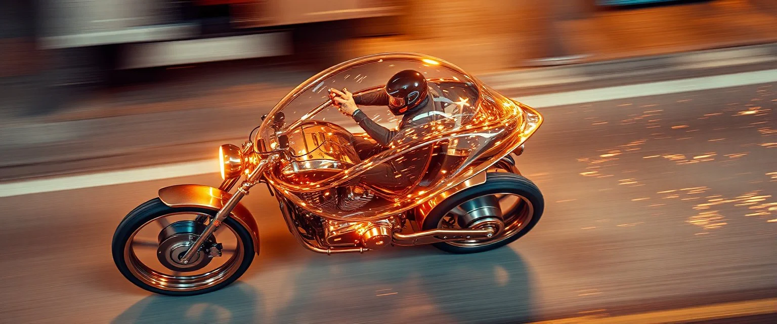 sparks blazing, seen from above, tattoo style, motion blur, airbrush art, elon musk riding inside an awesome trike spaceship in copper, fast one in the shape of a transparent snail , now its gonna do an awesome gig , bokeh like f/0.8, tilt-shift lens 8k, high detail, smooth render, down-light, unreal engine, prize winning