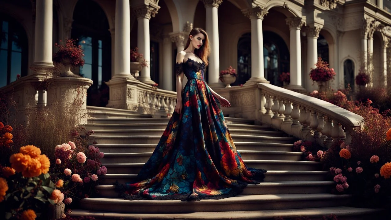 stunning fashion photo of a woman stands nice stairs best pose in extreme weird dress in garden, her is perfect beauty face, perfect full body, sunshine, , lace, deep colors, fine flower patterns, geometric, high detailed, sharp focus, stunning weird fashion, futuristic-Rococo style, best quality , professional photographer, best nikon shoot