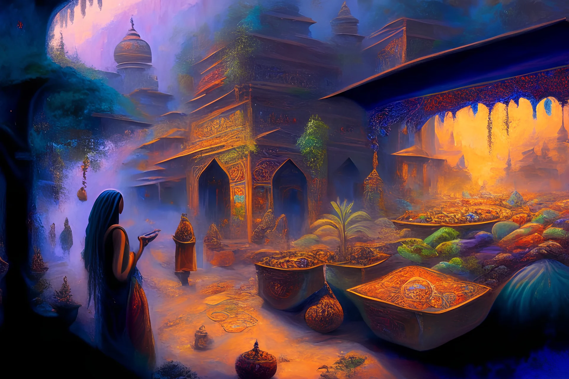 A serene portrayal of an ancient, Spice market in India, colorful painting, street,, intricate detail , plants, wild plants, forest, mountains, fog,, surrounded by a mystical, dreamlike landscape, in the style of visionary art, ethereal lighting, otherworldly elements, and a sense of calm and contemplation, inspired by the works of Alex Grey and Robert Venosa, inviting the viewer to meditate on the ancie