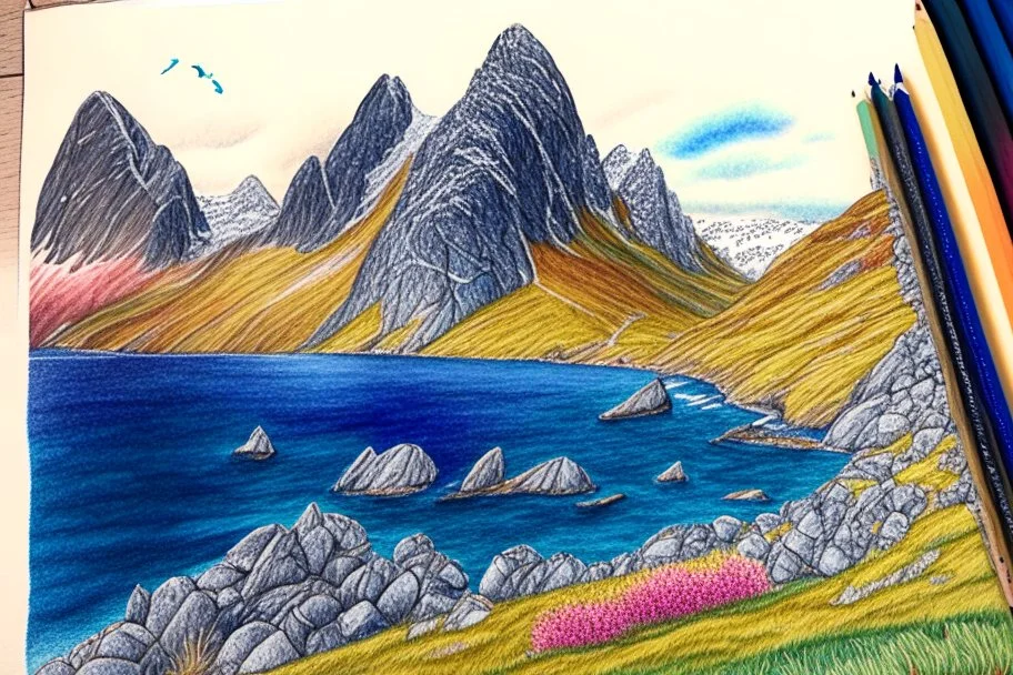 Colored pencil drawing, Very detailed, Drawing of the colorfull nature of Lofoten Island in Norway.