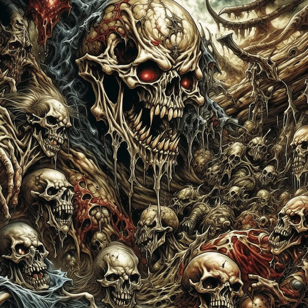 Chaos horrific, Carnivorous attack Apocalyptic plight, Grotesque morbid threat, illustrative style by Arturo Souto, unbalanced, offset, non-symmetrical surreal horror, text "Cannibal Corpse" album cover aesthetic in a death metal font