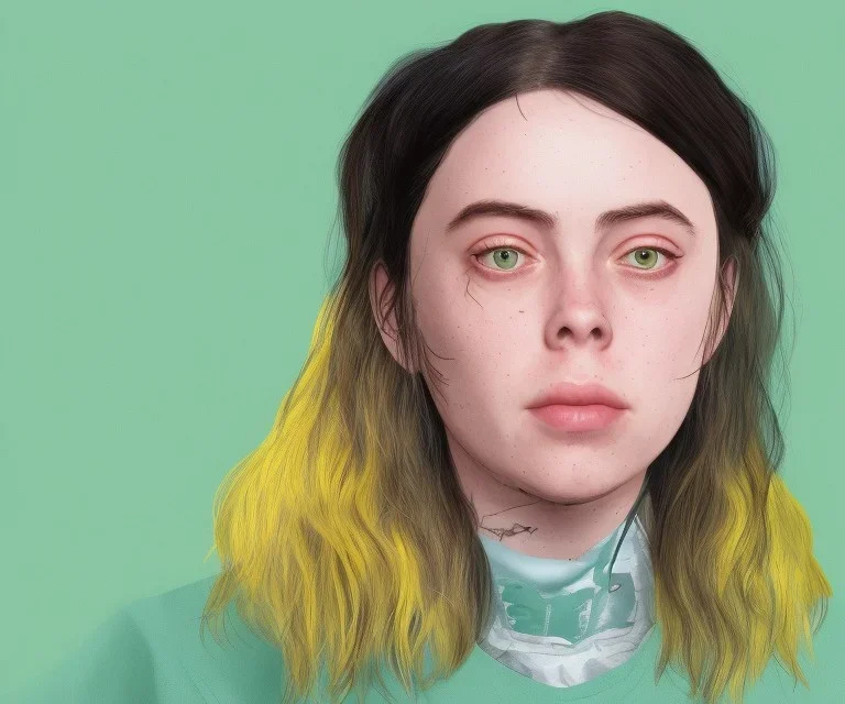 Billie Eilish, ying in the bathroom, ((covering his chest)), photorealistic illustration