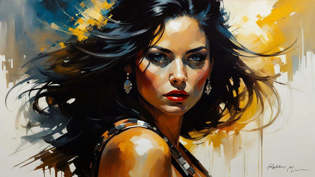 portrait of a woman warrior :: Robert McGinnis + Jeremy Mann + Carn Griffiths + Leonid Afremov, clear contours, detailed