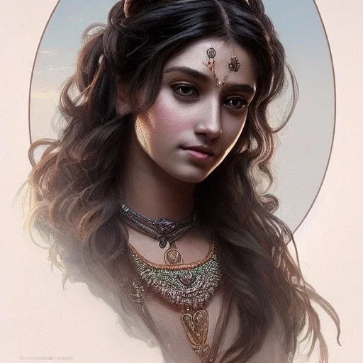  Indian princess , cute, beautiful, long hair, wavy hair, black eyes, head and shoulders portrait, cinematic, 8k, resolution concept art portrait by Greg Rutkowski, Artgerm, WLOP, Alphonse Mucha dynamic lighting hyperdetailed intricately detailed