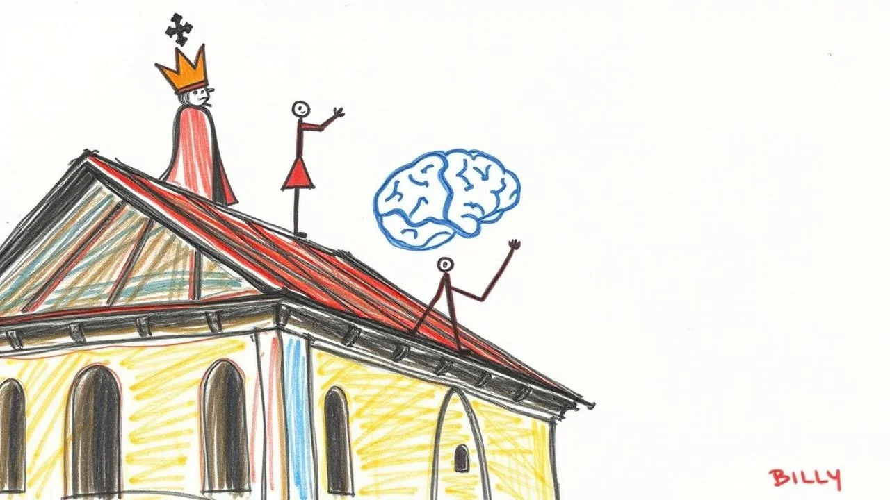 king up at a roof of a renaissance chapel which holds a crude crayon drawing of a stick figure old man touching a rough outline of a brain with one finger, kids quick sketch with little artistic merit, stick figure drawing, crayon signature says "BILLY" in a child's scrawl with the 'B' backwards, concept art, hyperreal