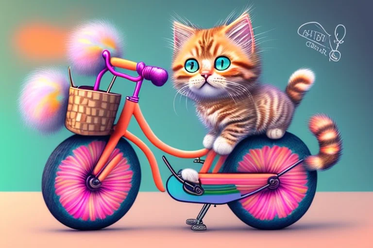 Fluffy tabby cat, adorable kitten, miniature bicycle, whimsical scene, playful concept, vibrant colors, detailed fur texture, charming expression, dynamic composition, cartoonish style, digital art, creative and imaginative, bright and lively palette, joyful atmosphere, skillful rendering, high resolution, skillful lighting to enhance cuteness.