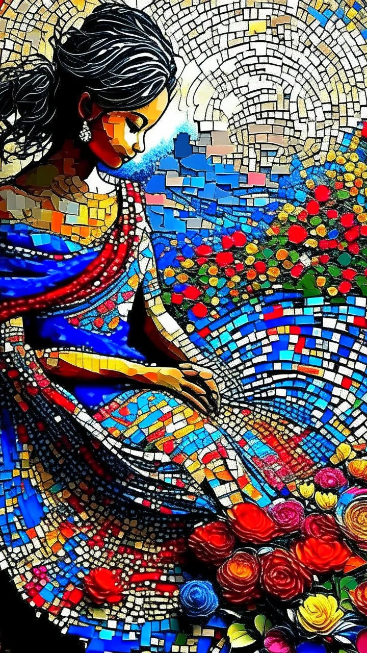 Bosch painting style "Midnight Serenade unique" low view angle shot down sunset large close up a beautiful street with colorful wild flowers on both sides , granite terrazzo motifs with puzzle modern , clothing is decorated with colorful filigree abstract, Collage chutes papiers magazines,Spirograph background by Nisa Kiley, Textile Artist،