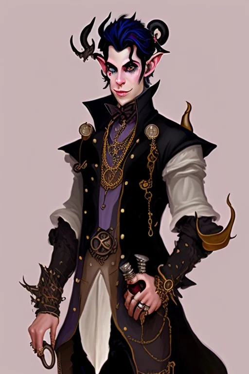 Young tiefling nobleman alchemist with black hair horns and large reptilian tail steampunk jewelry and potion bottles in the style of Charles Addams