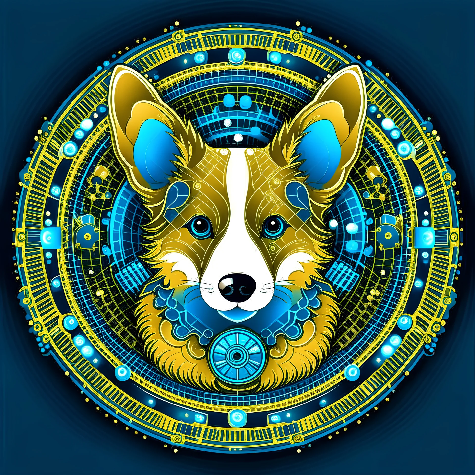 Blue and gold circle logo of a cute corgi dog made of circuit board pattern, fingerprint and neural network superimposed behind