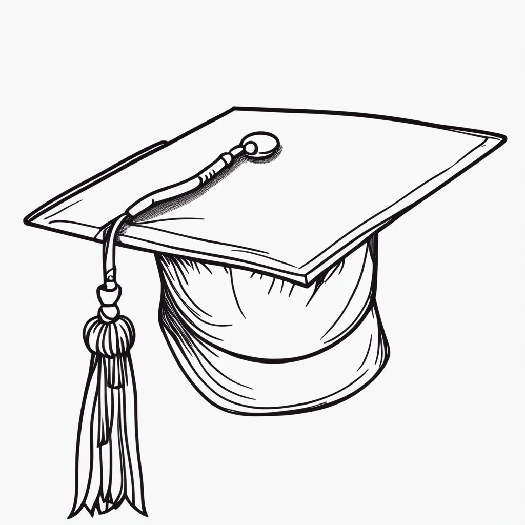 simple line drawing of a graduation hat with a tassel. White background.