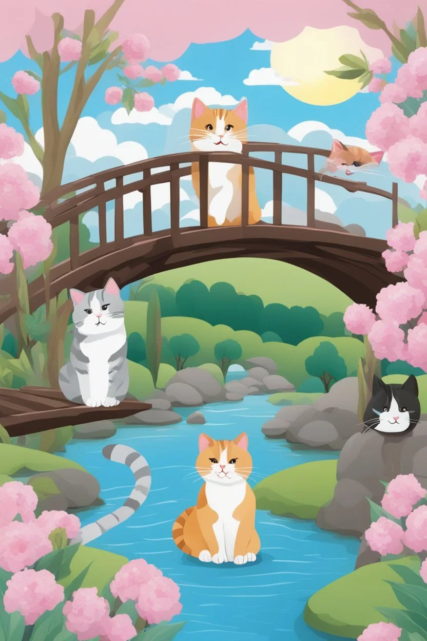 in the center: beautiful chunky cats dancing on a bridge , background: landscape, first plan: pink flowers and a small river with blue water, sky: black clouds