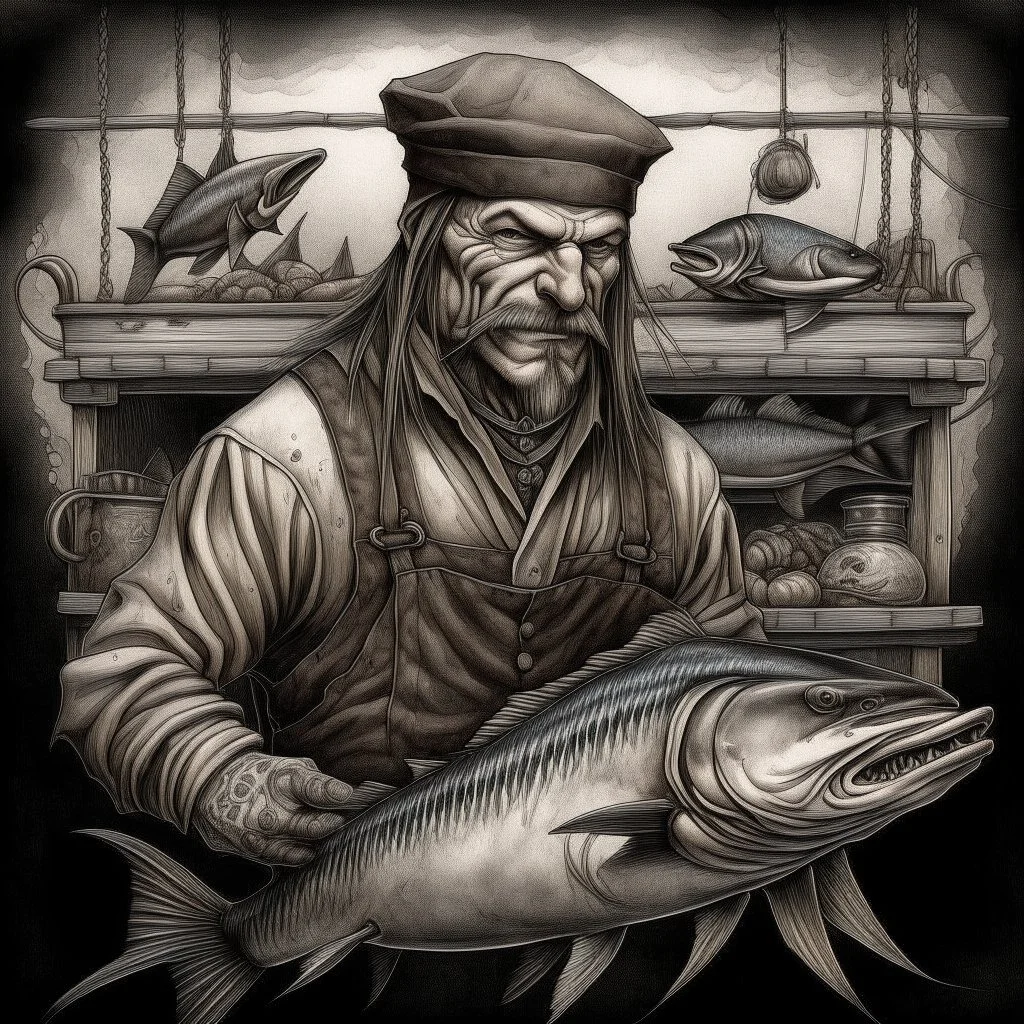 large pale Fishmonger with Sharkteeth and Tattoos dark art