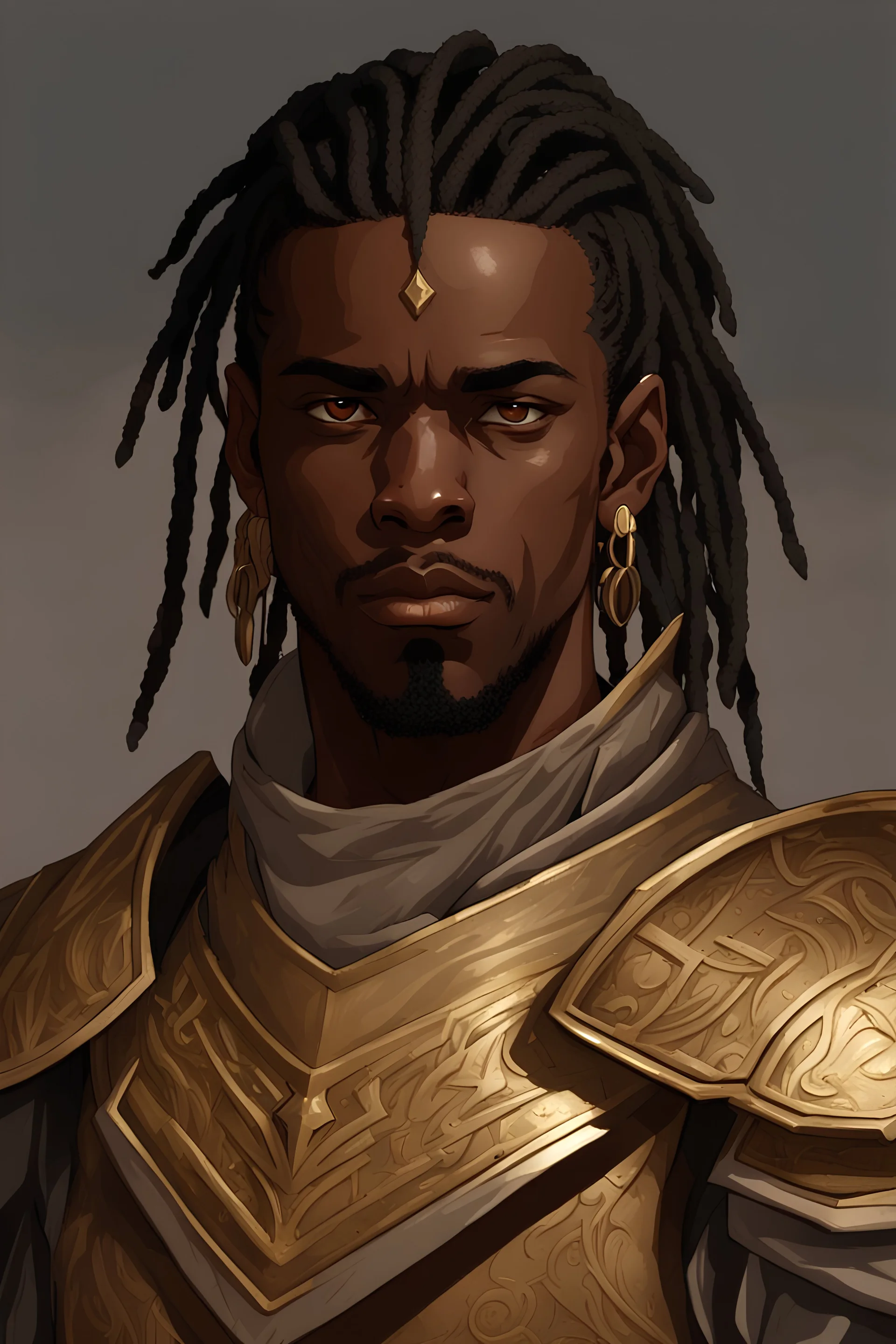 25 years old black man, golden color eyes, black short dreads, d&d cleric of sun, cleric of Lathander, wears lamellar plate armor, has various earrings on his ears, have off-white clothes under the armor