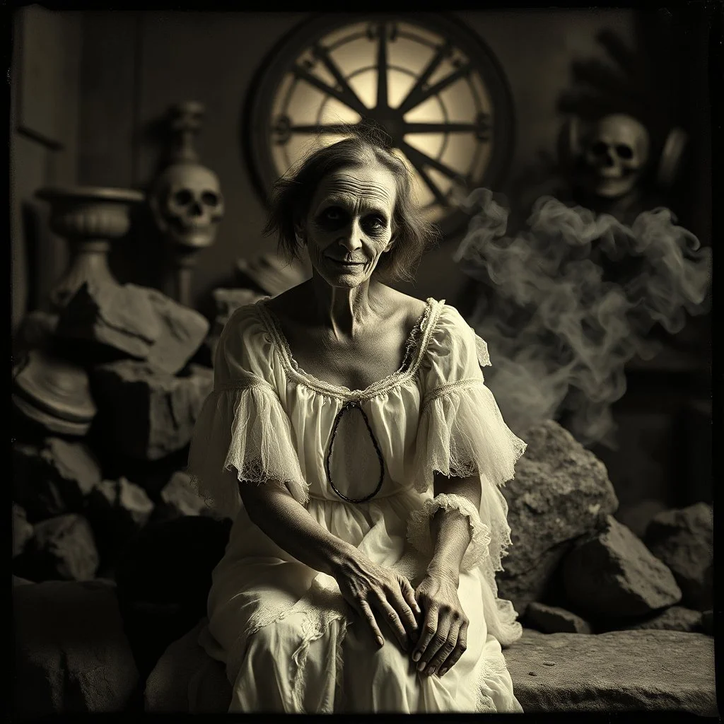 photo, 1920 horror movieshot, sitting, eaging, rocks, very odd objects in background, Ades, stunning photo, persone con sorriso falso e occhi, Charon, tenebroso, macabro, marcio, interno museo, fiotti di liquido nero che zampillano, hypermaximalist, strangeness, sundial light, odd, intricate, Lawrence Alma-Tadema style, albero, hypnotic, very accentuated details of the dress and skin, eerily mysterious, artistic photo, shot on Hasselblad, sadness, follia, smoke, daguerrotype