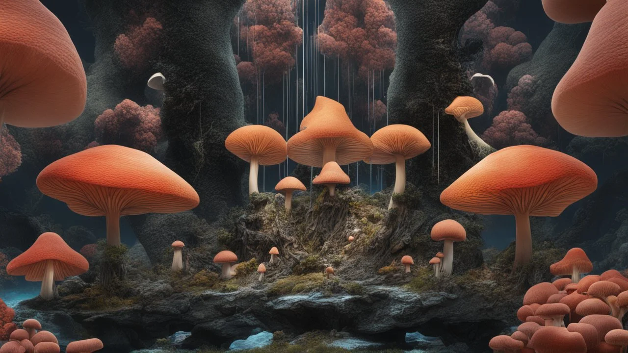 Exotic Flora, fauna, mushrooms, fungi and coral dripping black liquid in the Multiverse