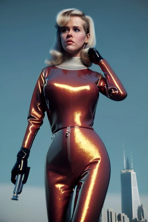 Ultra Realistic retro sci-fi portrait New York image from 1960, many spaceships, sweet young Jane Fonda, tight latex suit, weapon, fighting stance, soft color, highly detailed, unreal engine 5, ray tracing, RTX, lumen lighting, ultra detail, volumetric lighting, 3d, finely drawn, high definition, high resolution.