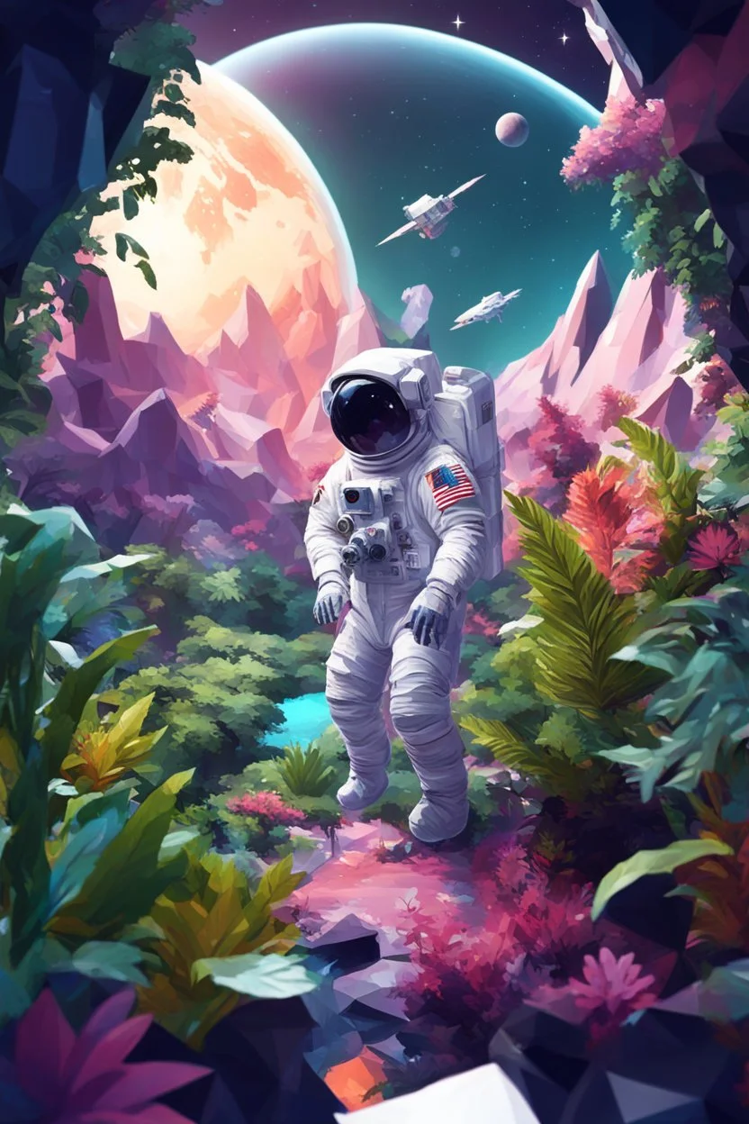 (((close midshot))), (((low poly art:2))), (astronaut), ultra-detailed illustration of an environment on a dangerous:1.2 exotic planet with plants and wild (animals:1.5), (vast open world), astronomer inspired, highest quality, no lines, no outlines candid photography.