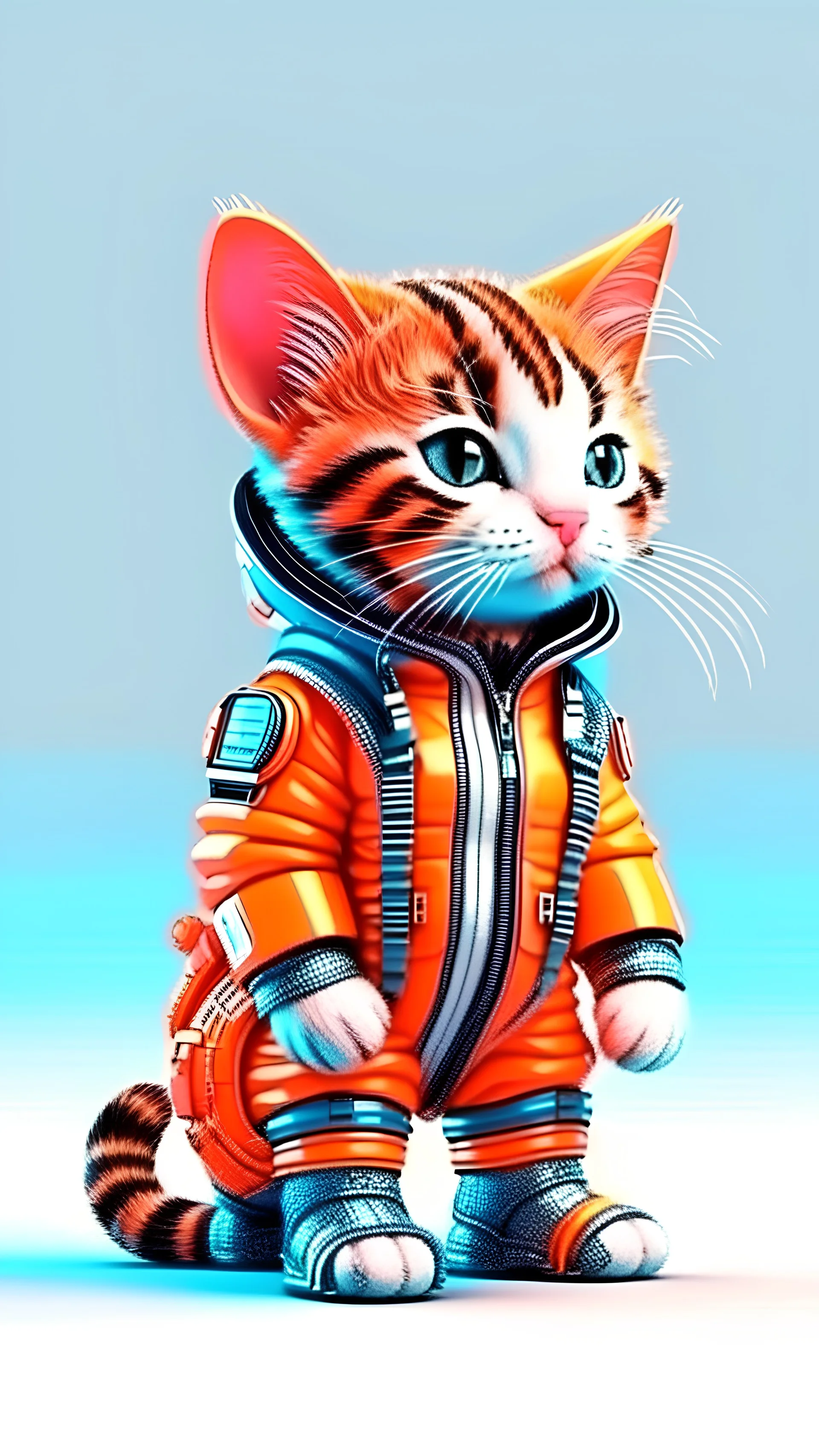 isometric view of a MINI cute hyperrealistic futuristic soldier cat wearing cyberpunk jacket. orange skin. Cinematic, hyper detailed, white GRADIENT background , highly detailed, zoomed out,