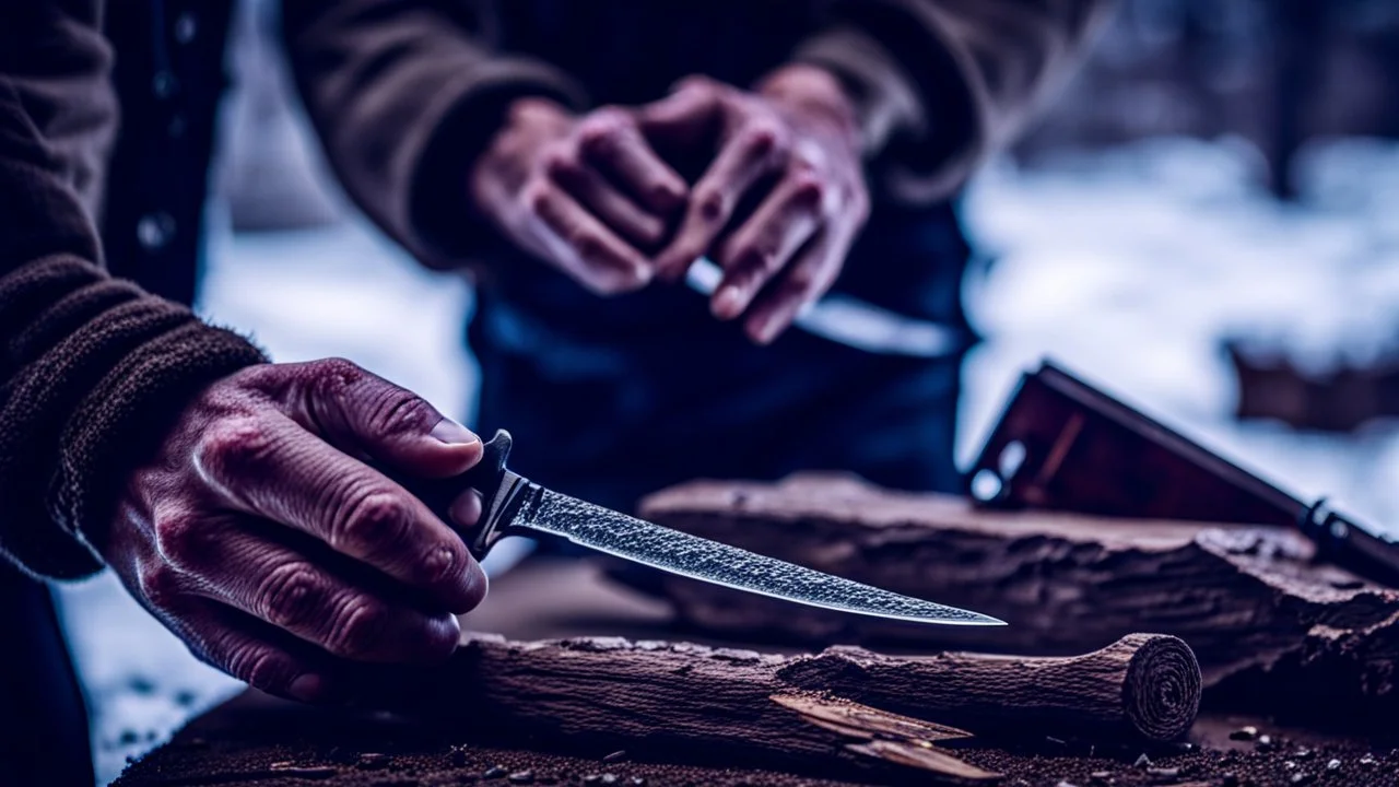 close up photo frrom large male hands sharpen a knife with another knife , high detailed, sharp focuses, photorealistic, in background blur villager place, snowy yard