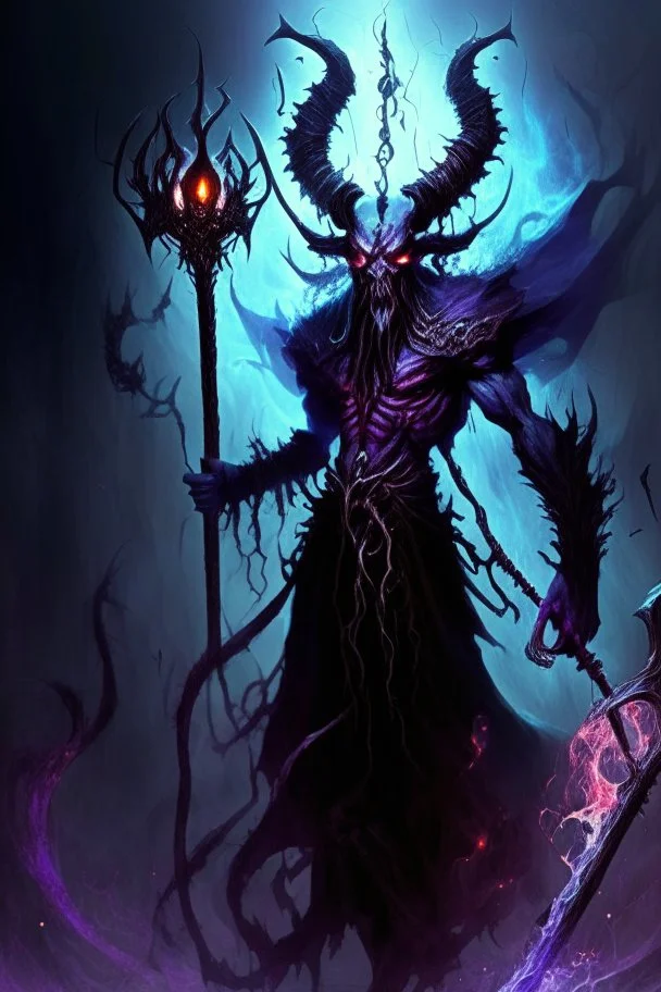 demon monster abyssal dark mage possessed by many souls with a staff