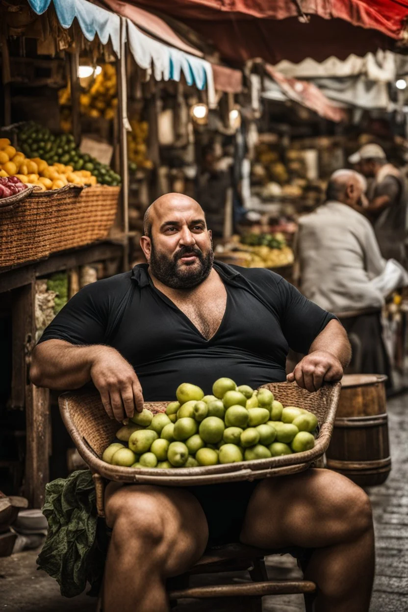 half figure photography of a burly chubby muscular strong 39-year-old arab in Istanbul bazaar, ajar mouth, shirtless, short beard, bald, selling fruits sitting on an old chair, big shoulders, bulge, manly chest, very hairy, side light, view from the ground