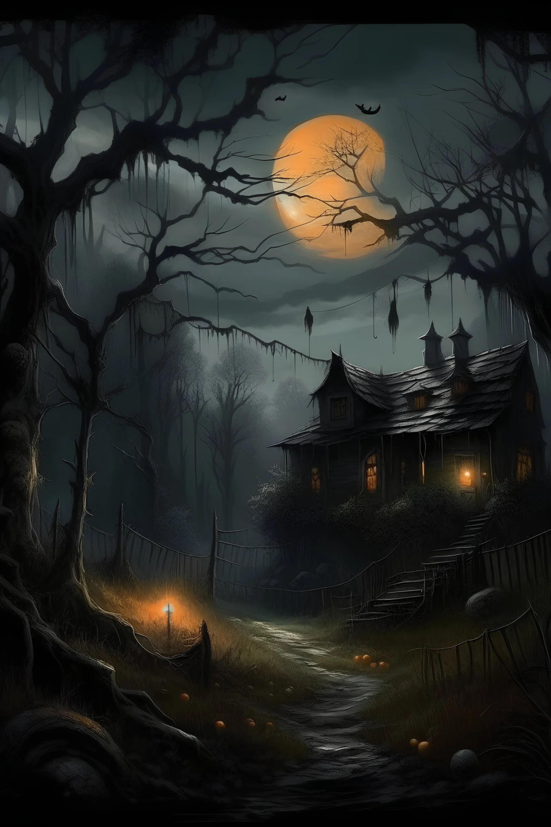 Halloween night landscape painting, darkened forest under a moonlit sky, ghosts and jack-o-lanterns glowing among the bare trees, an abandoned house on a distant hill, hints of mystery and the supernatural in the shadows --v 5.2