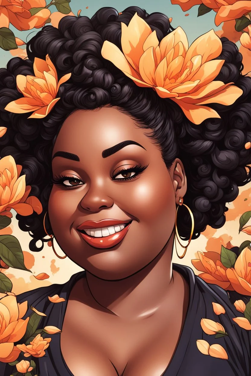 Create a comic book cartoon art style image of a plus size black female looking down with a smile on her face. Prominent makeup with hazel eyes. Highly detailed messy curly bun with a hair scarf tied on her head with large orange magnolia flowers surrounding her. 2k