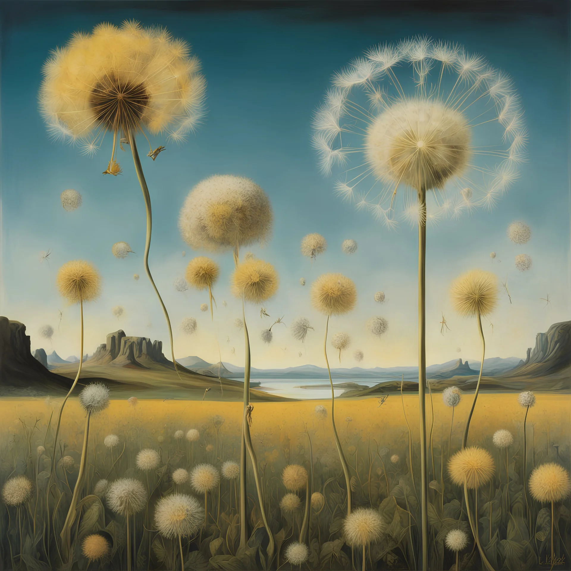 Dandelion surrealism by Salvador Dali, Max Ernst, René Magritte, Johfra Bosschart, Evandro Schiavone, by Saturno Butto, Alex Ross, Patricia van Lubeck, Chauliac Romain