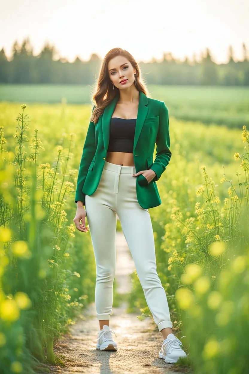 fullbody shot of young-beautiful-girl-with-a-perfect-face wearing pants and thight blouse and jacket sport shoes standing in country side green field flowers day lights